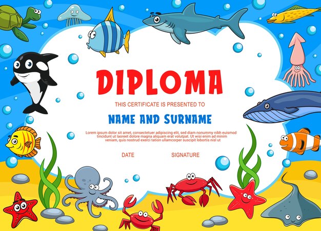 水中動物と子供の卒業証書 かわいい漫画のタコ ヒトデ イカまたはカニ 白いキラーまたはサメの幼稚園証明書 エンゼルフィッシュ カメとクラゲ 子供の卒業証書 プレミアムベクター