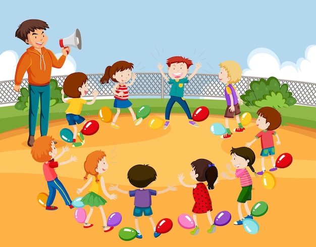 Vettore gratuito bambini che fanno attività fisica con palloncini