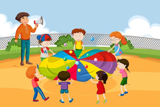 Vettore gratuito bambini che fanno attività fisica con palline colorate