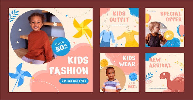 Vettore gratuito collezione di post di instagram di moda per bambini