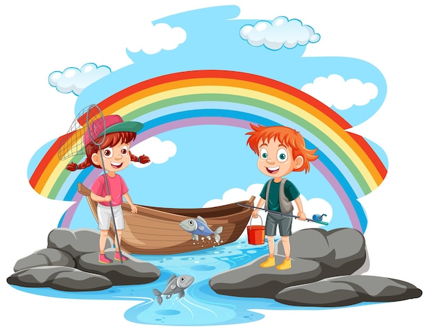 Free vector kids fishing in pond