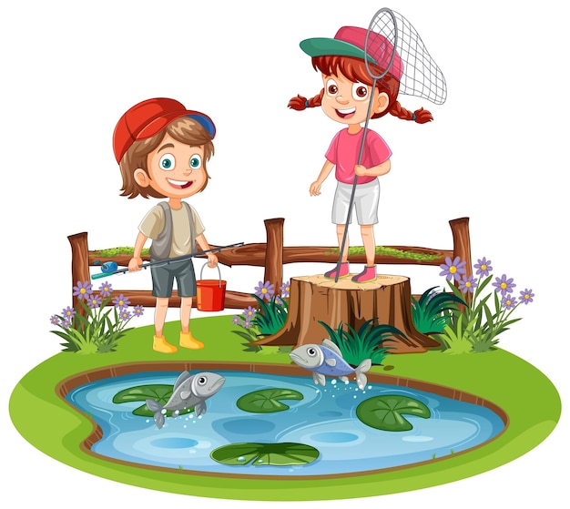 Free Vector  Kids fishing in pond