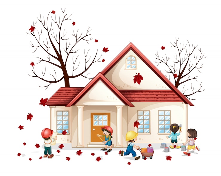 Free Vector kids in front of house