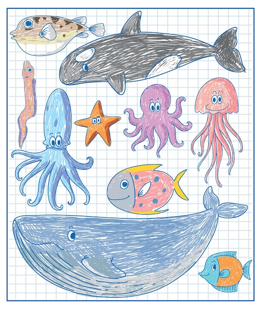 Vettore gratuito animali marini doodle disegnati a mano per bambini