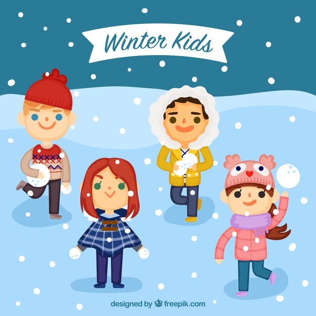 Kids having fun outdoors in winter