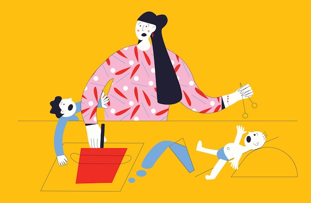 Kids having quarrel over tired mother. mom is depressed by screaming of children. problems of motherhood. female babysitter feels exhausted by noisy kids. flat vector illustration with character