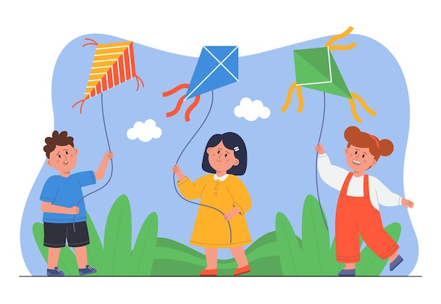 바람에 밧줄에 비행 연을 들고 아이 들. 귀여운 행복한 취학 전 소년과 소녀들은 공원의 평평한 벡터 삽화에서 여름 산책에 공기 장난감으로 재미있는 게임을 합니다. 어린 시절, 자유 개념의 경험