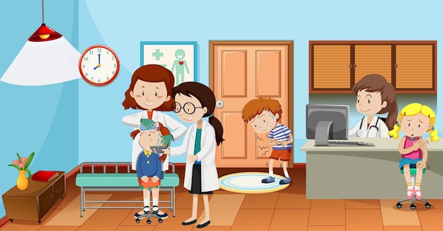 Free vector kids in the hospital with doctors scene