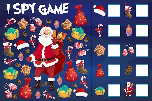 子供たち​は​クリスマス​オブジェクト​を​数えて​ゲーム​を​スパイ​します​。​サンタクロース​の​キャラクター​、​クリスマス​の​靴下​と​トウヒ​の​円錐形​、​ジンジャーブレッドクッキー​、​装飾品​の​安物​の​宝石​と​ギフト​ボックス​、​キャンディケイン​、​ミトン​の​漫画​の​ベクトル