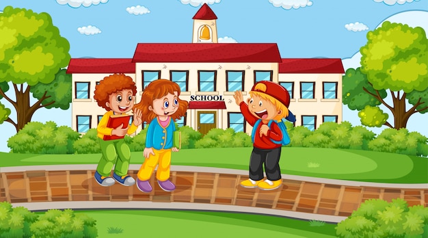 Kids infront of school scene