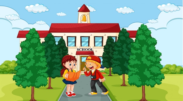 Free vector kids infront of school scene