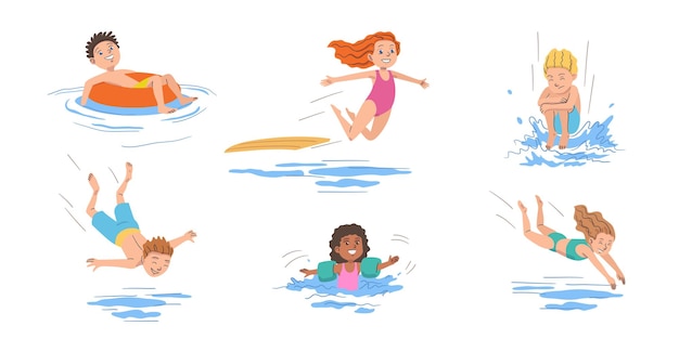 아이들이 수영장 세트 삽화에 뛰어들다
