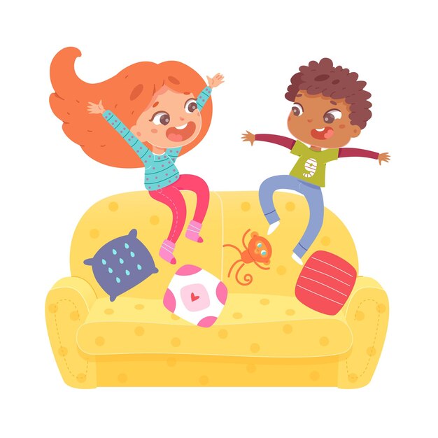 Kids jumping on sofa and having fun Active leisure for children boy and girl playing on yellow couch with pillows and toys isolated on white background