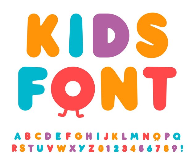 面白いフォント 笑顔 英語のアルファベットの文字漫画のキャラクター 子供のための活版印刷フォント 面白いカラフルな活字 かわいい文字 プレミアムベクター