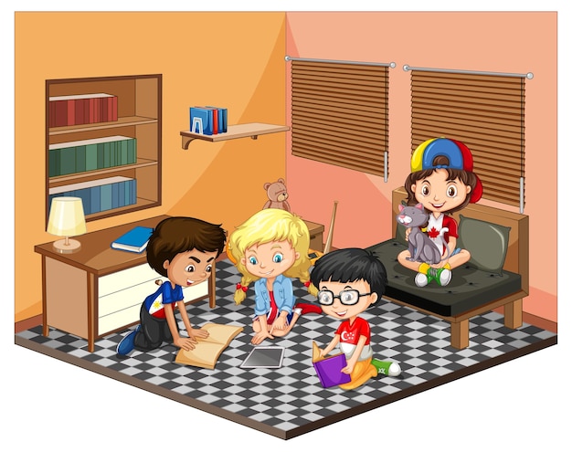 Free vector kids in the living room scene on white