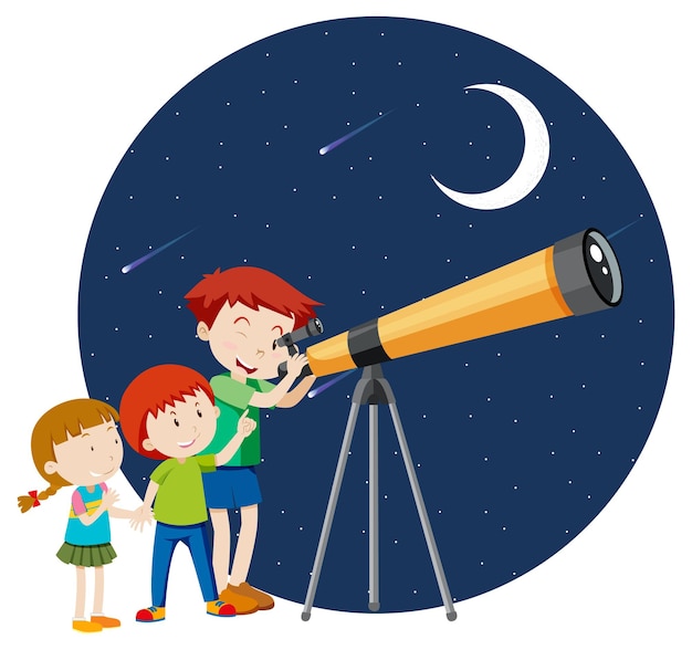 Дети смотрят в телескоп ночью