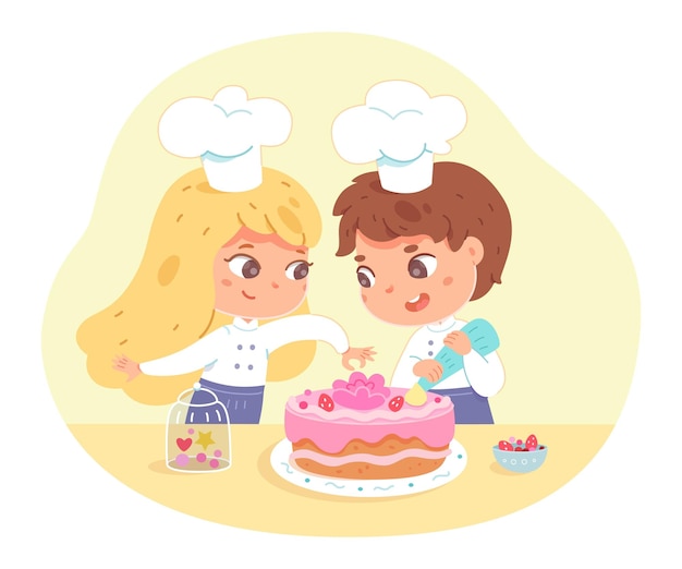 Kids making cake at home Little girl and boy in hat and apron decorating cake with pink icing and cream young happy chefs preparing sweet food in kitchen