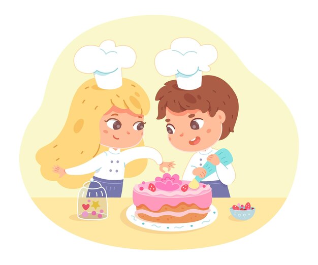 Дети делают торт дома Маленькая девочка и мальчик в шляпе и фартуке украшают торт розовой глазурью и кремом Молодые счастливые повара готовят сладкую еду на кухне