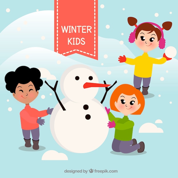 Free vector kids making a snowman together