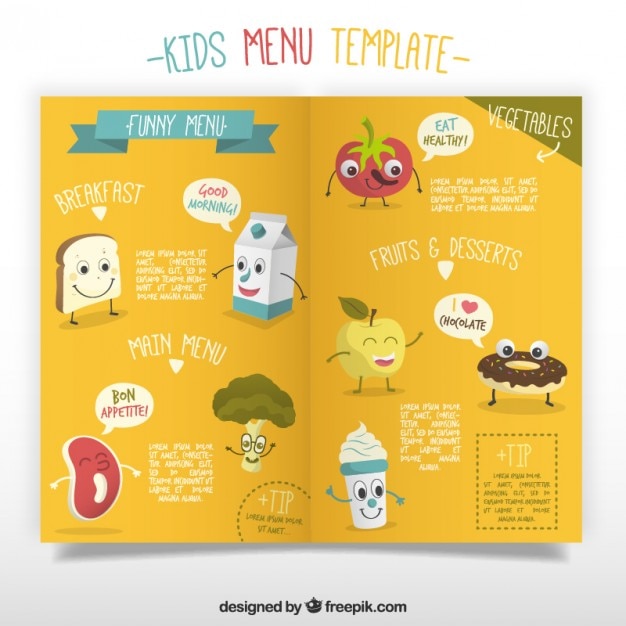 Vettore gratuito modello di menu per bambini con alimenti piacevoli