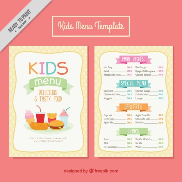 Free vector kids menus with delicious food