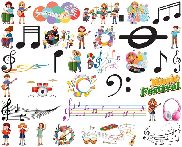 Kids musical instruments and music symbols set