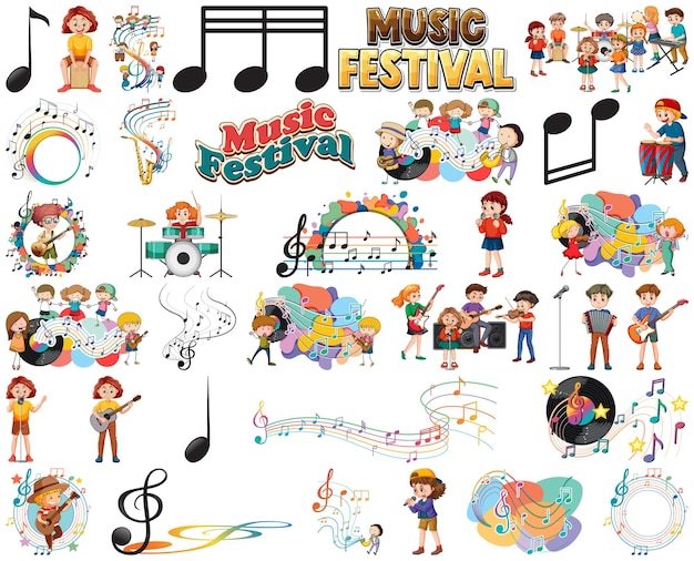 Kids musical instruments and music symbols set