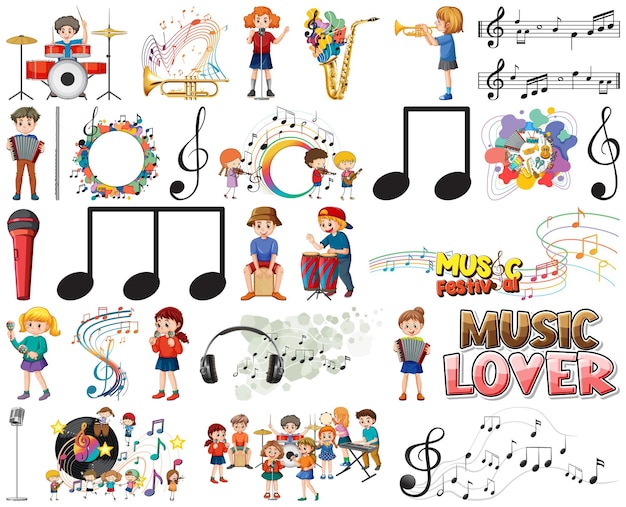 Vettore gratuito strumenti musicali per bambini e set di simboli musicali