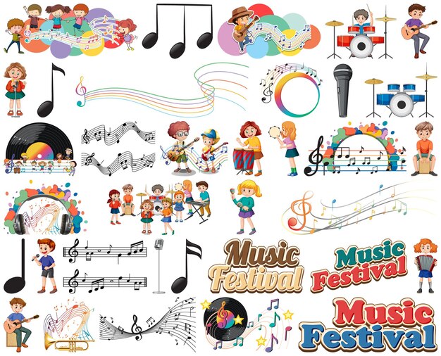 Kids musical instruments and music symbols set