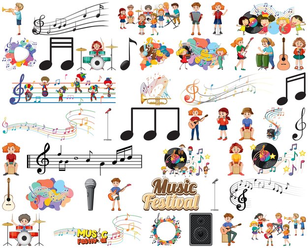 Kids musical instruments and music symbols set