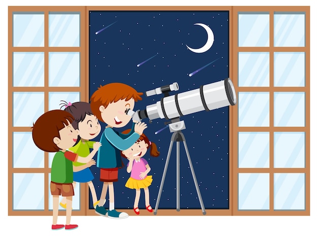 子供たちは望遠鏡で夜空を観察します