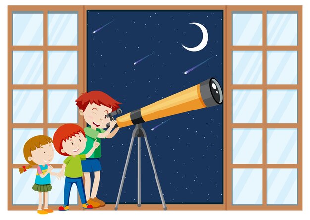 kids observe night sky with telescope