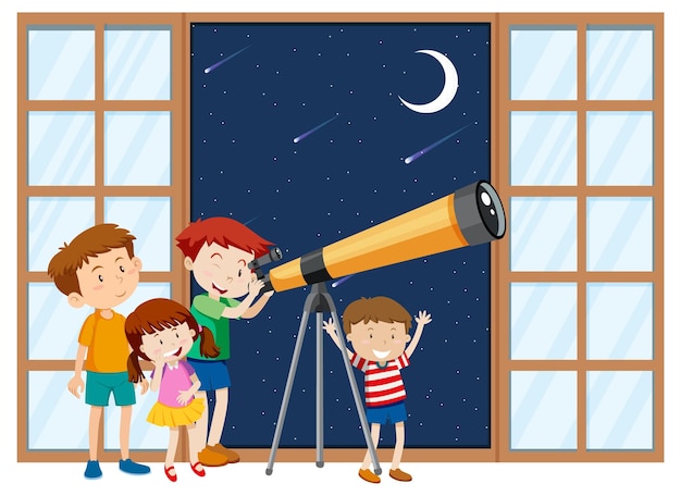 子供たちは望遠鏡で夜空を観察します