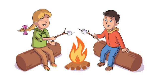 숲에서 캠핑 여행을 하는 아이들 어린 소년과 소녀 스카우트가 모닥불에 마시멜로를 굽습니다 야외 모험 장면 휴가 중인 귀여운 학교 학생들