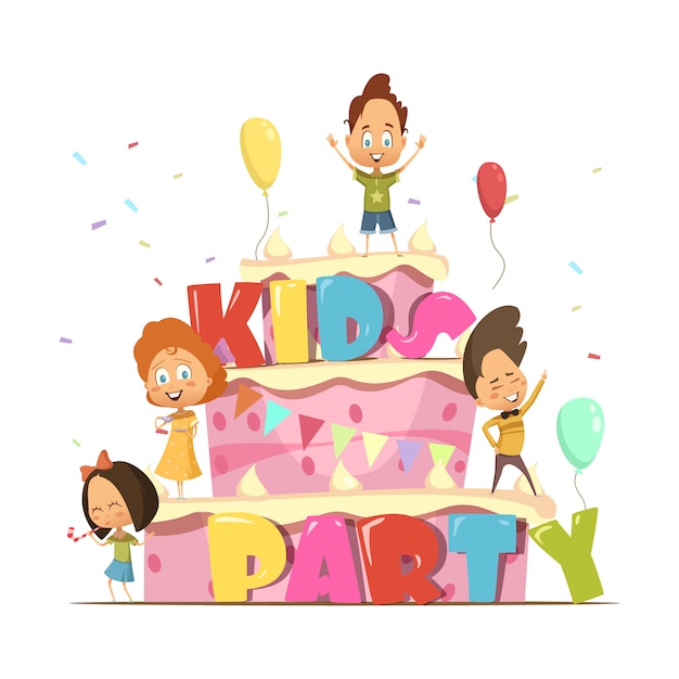 Kids party flat design template for children with giant cake and group of cartoon personages retro v