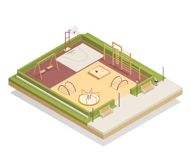Изометрический макет детской площадки с каруселью и качелями, баскетбольное кольцо, песочница и лазалки, скамейки