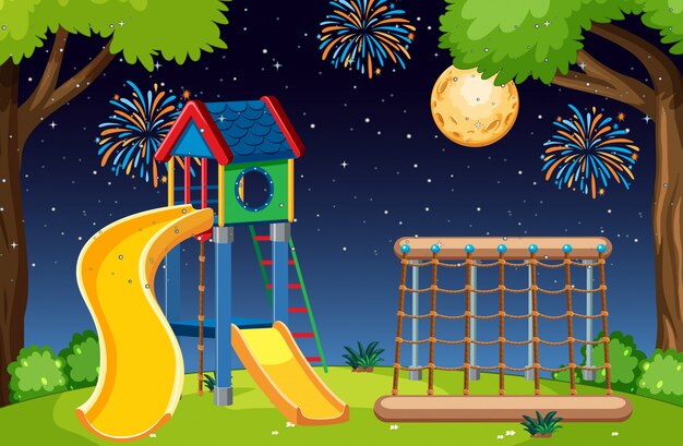 Kids playground in the park with big moon and fireworks in the sky at night cartoon style