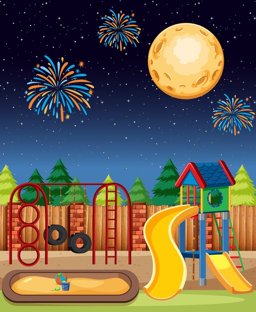 밤 만화 스타일의 하늘에 큰 달과 불꽃 놀이 공원에서 어린이 놀이터