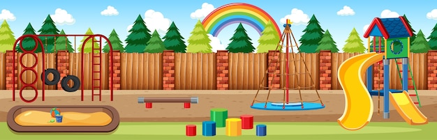 Vettore gratuito parco giochi per bambini nel parco con arcobaleno nel cielo durante la scena panoramica in stile cartone animato di giorno