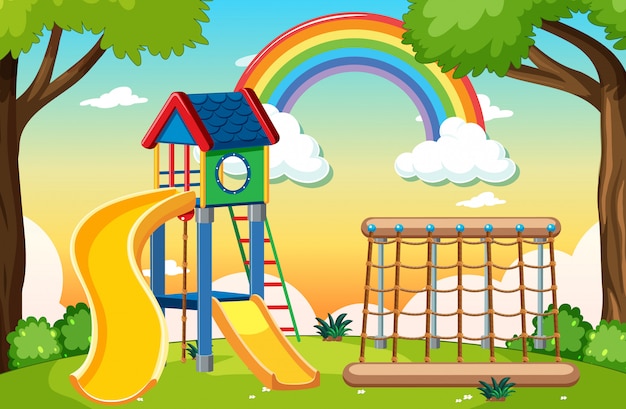 Vettore gratuito parco giochi per bambini nel parco con arcobaleno nel cielo in stile cartoon di giorno