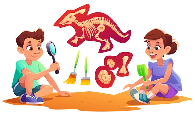 Kids playing in archaeologists working on paleontology excavations digging soil with shovel and exploring artifacts with magnifying glass. children study dinosaurs fossil. cartoon illustration