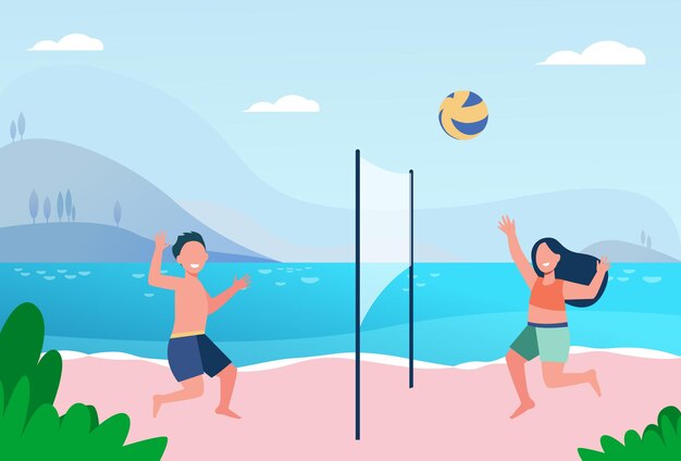 Kids playing beach volleyball. Lake, children at seaside, ball game. Cartoon illustration