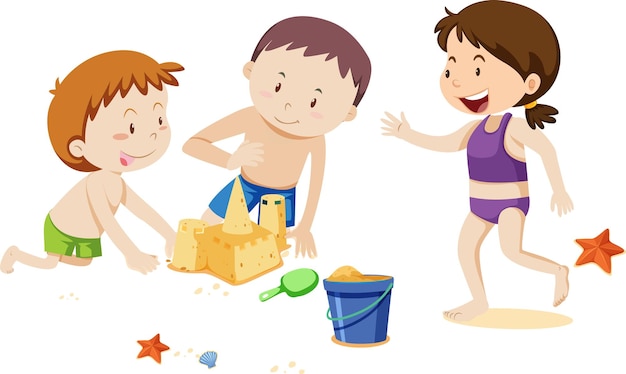 Free vector kids playing at the beach on white background