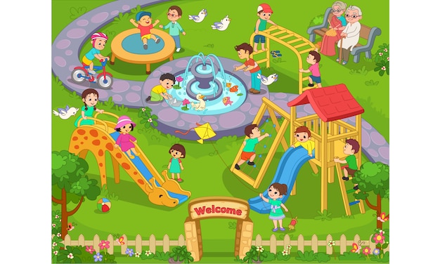 Free vector kids playing in the garden cartoon illustration