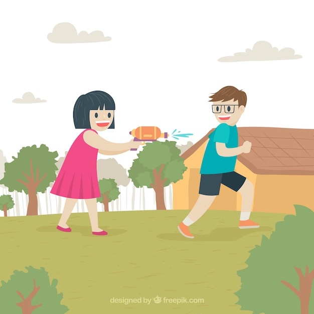 Free vector kids playing in the garden with plastic water guns