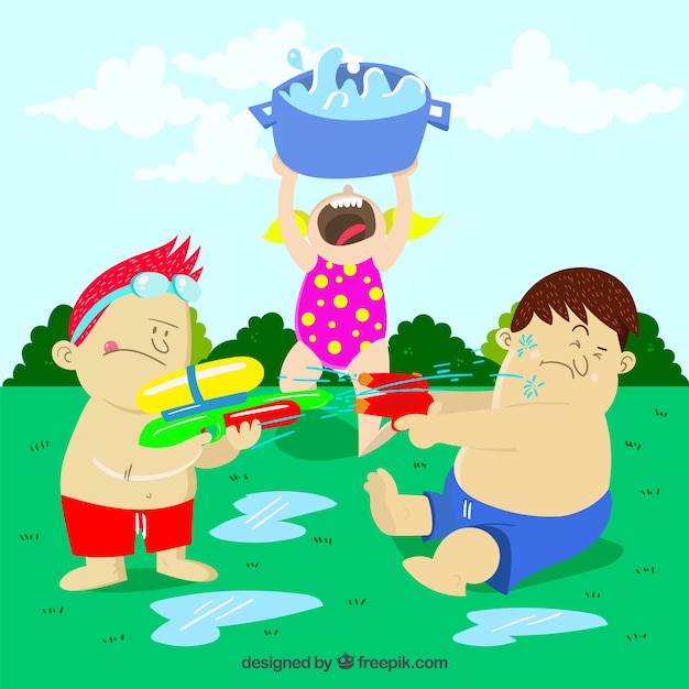 Free vector kids playing in the garden with plastic water guns