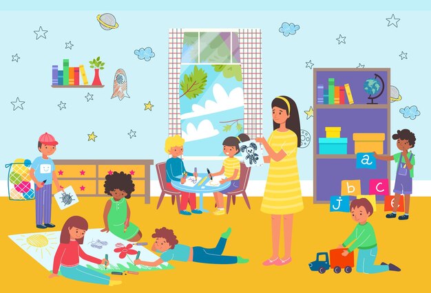 部屋のイラストで遊ぶ子供たちとの6つのシーン 無料のベクター