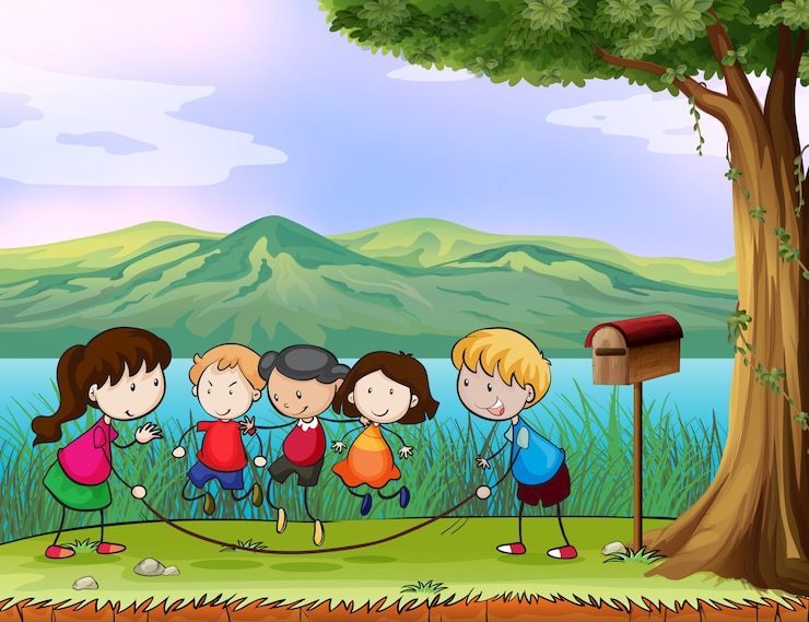 Free Vector kids playing near the wooden mailbox