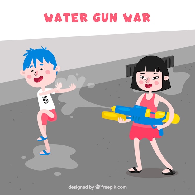 Free vector kids playing in the street with plastic water guns