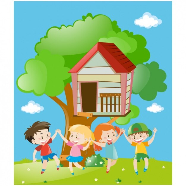 Kids playing in a treehouse background